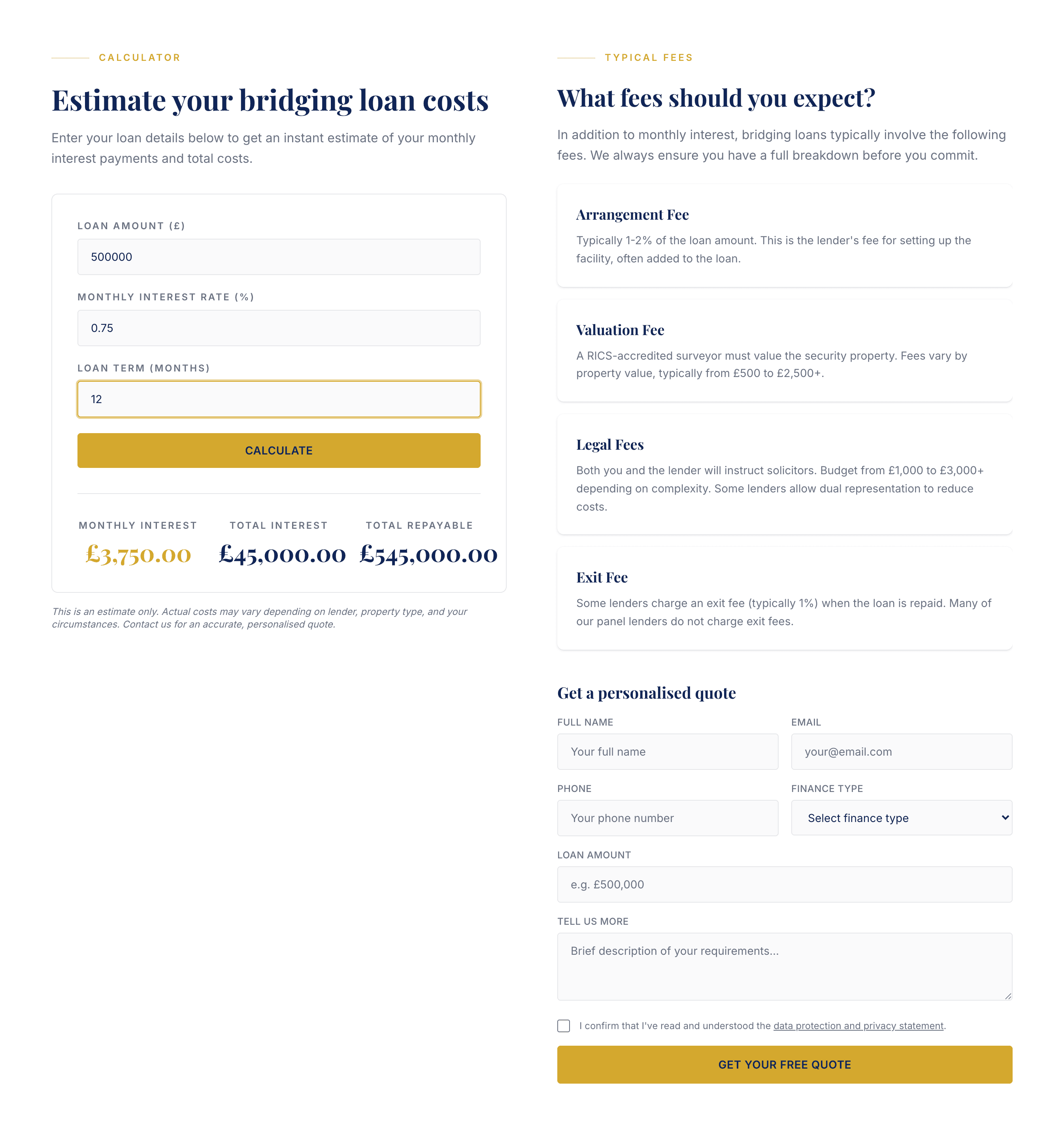 Doulton's bridging loan calculator with a 500,000 pound loan worked out live: 3,750 a month, 45,000 total interest and 545,000 total repayable, beside a breakdown of typical fees.
