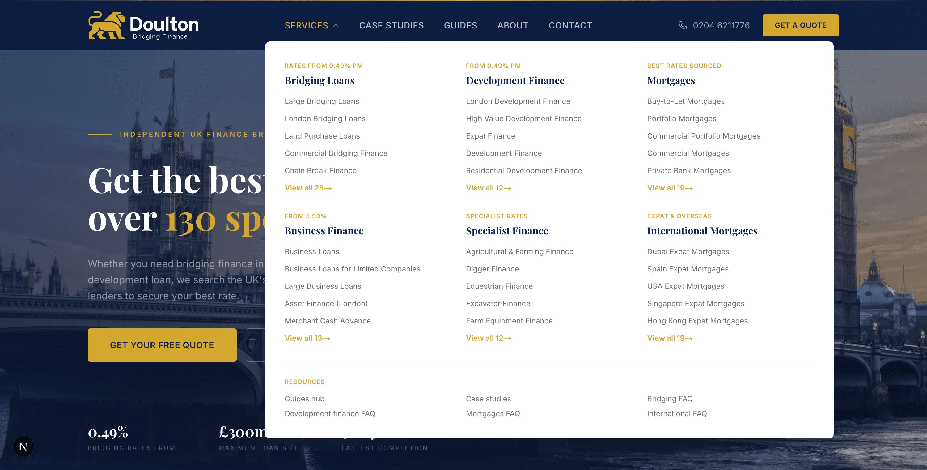Doulton's services mega-menu open: six finance lines - bridging, development, mortgages, business, specialist and international - each listing its sub-pages with a 'view all' link, showing the depth of the SEO page estate.