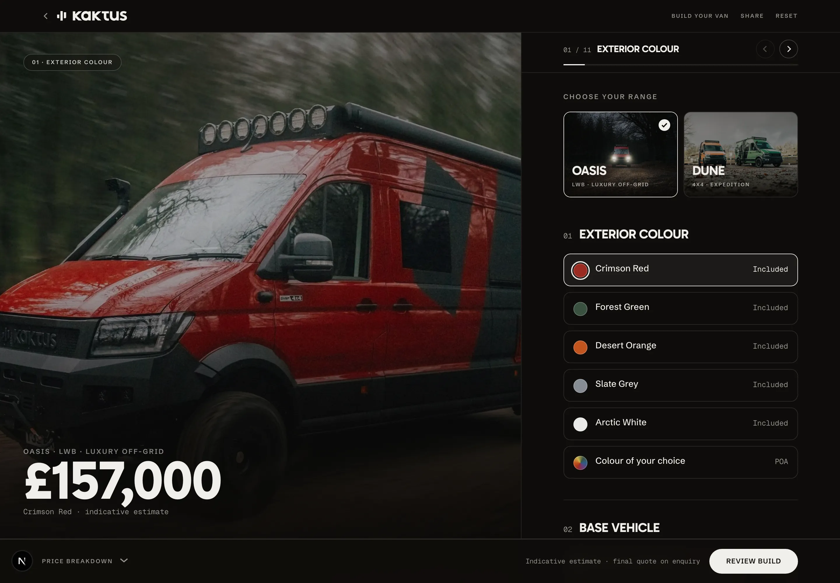 The Kaktus van configurator: a cinematic red OASIS 4x4 van with a range picker, exterior colour options and a live indicative build price.