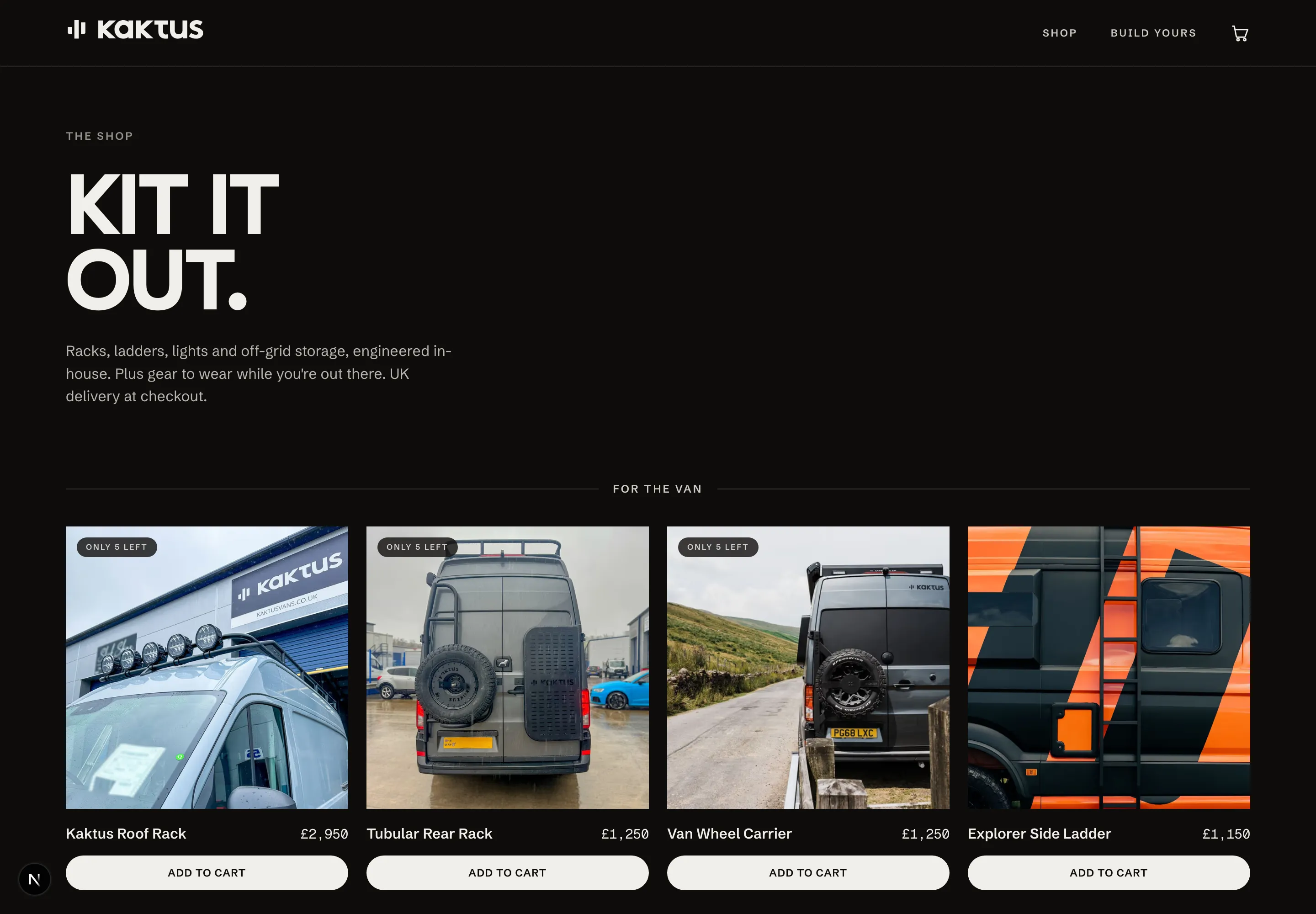 The Kaktus shop front: a product grid of the roof rack, rear rack, wheel carrier and side ladder, with stock badges, prices and add-to-cart.