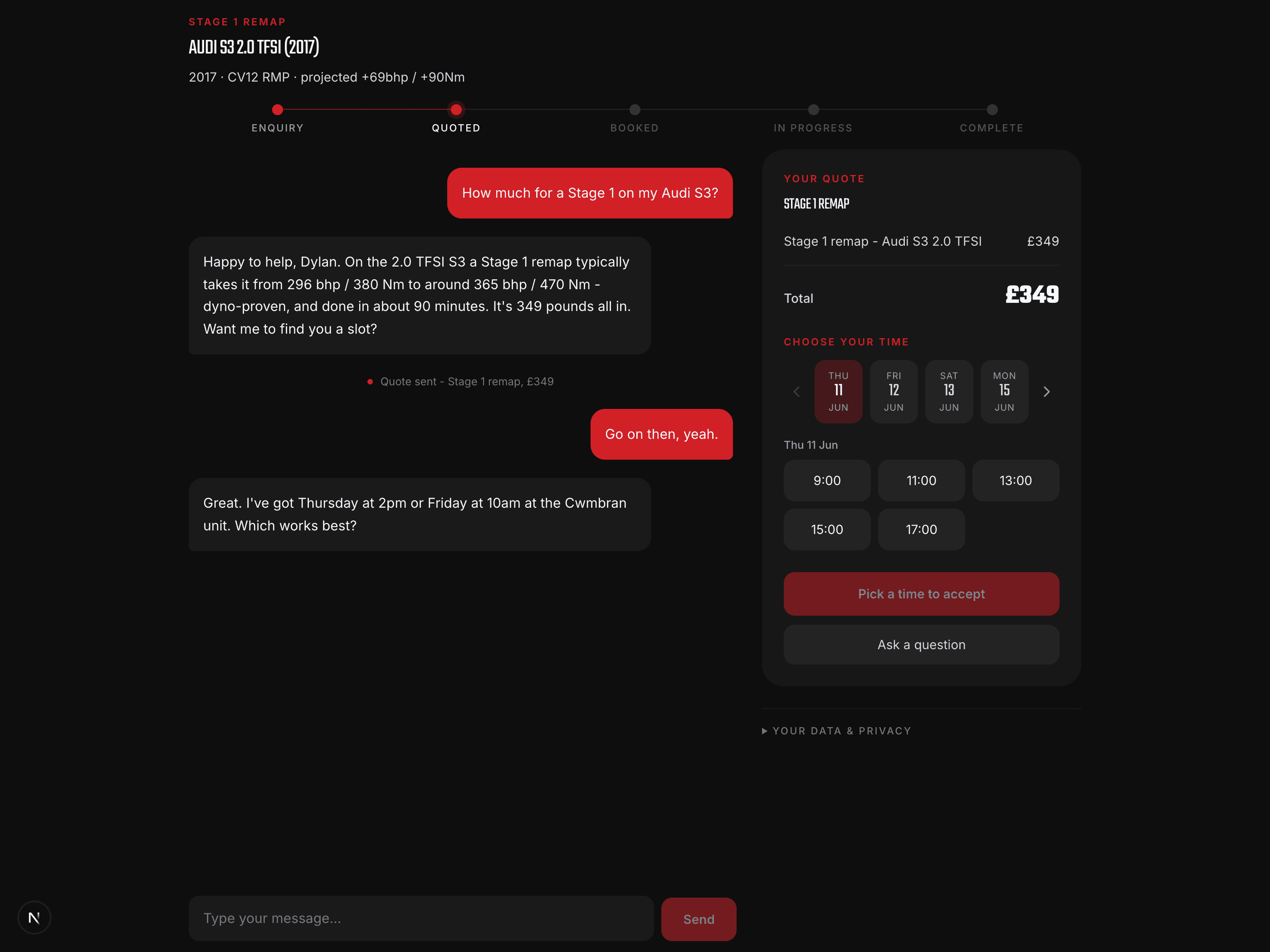 Remap Centre's AI booking portal: a chat where the assistant tells Dylan his Audi S3 will go from 296 to around 365 bhp on a Stage 1 remap, quotes 349 pounds, and offers booking slots, with a live quote and time-picker beside it.