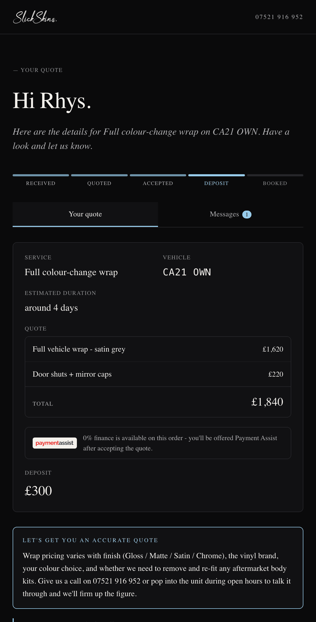 The SlickSkins customer portal on mobile: a personalised quote for Rhys with the colour-change wrap line items totalling 1,840 pounds, a booking progress bar and a deposit step.