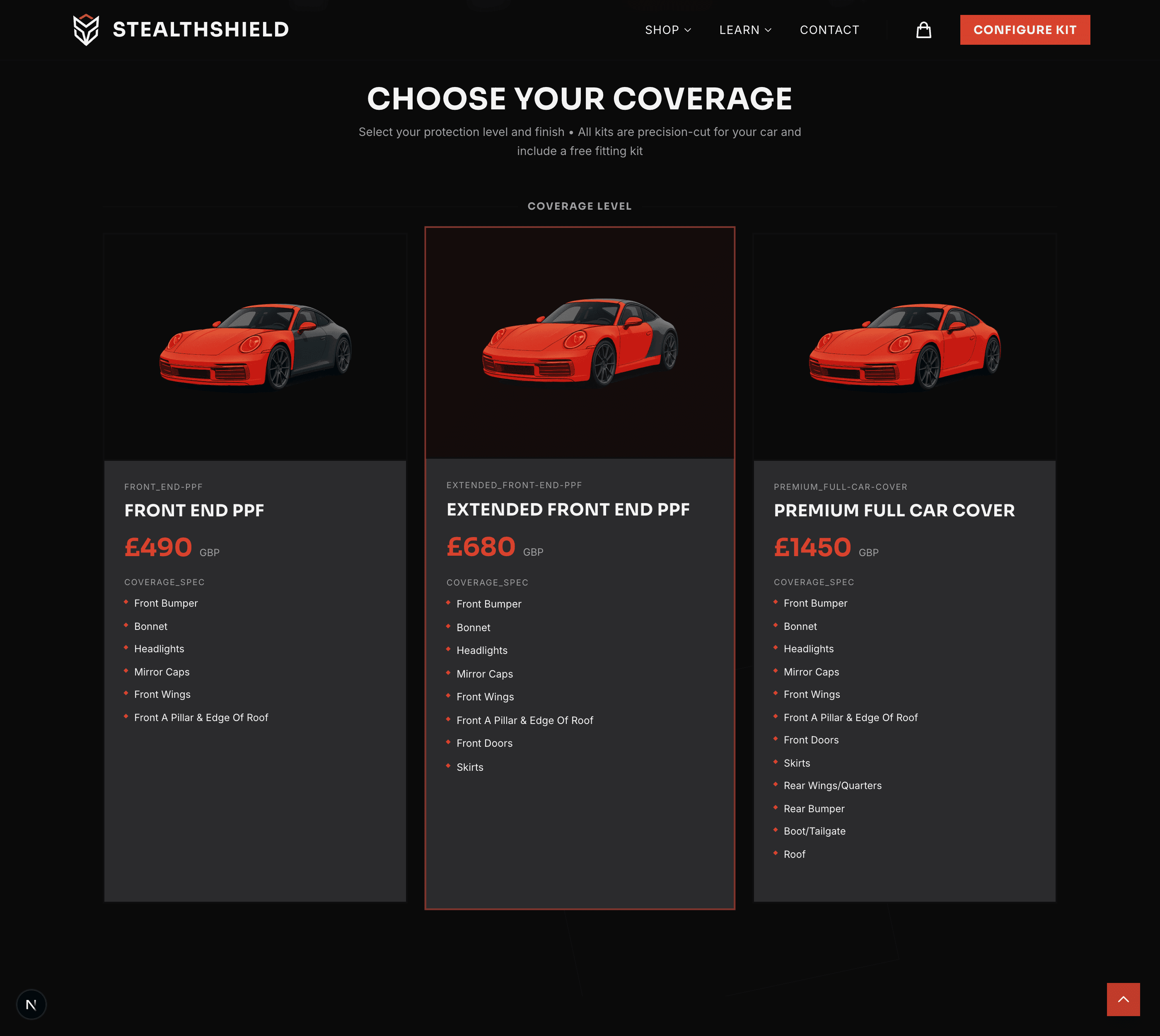 StealthShield's coverage step: three precision-cut PPF tiers for the car - Front End at 490 pounds, Extended Front End at 680, and Premium Full Car Cover at 1450 - each with its panel-by-panel spec.