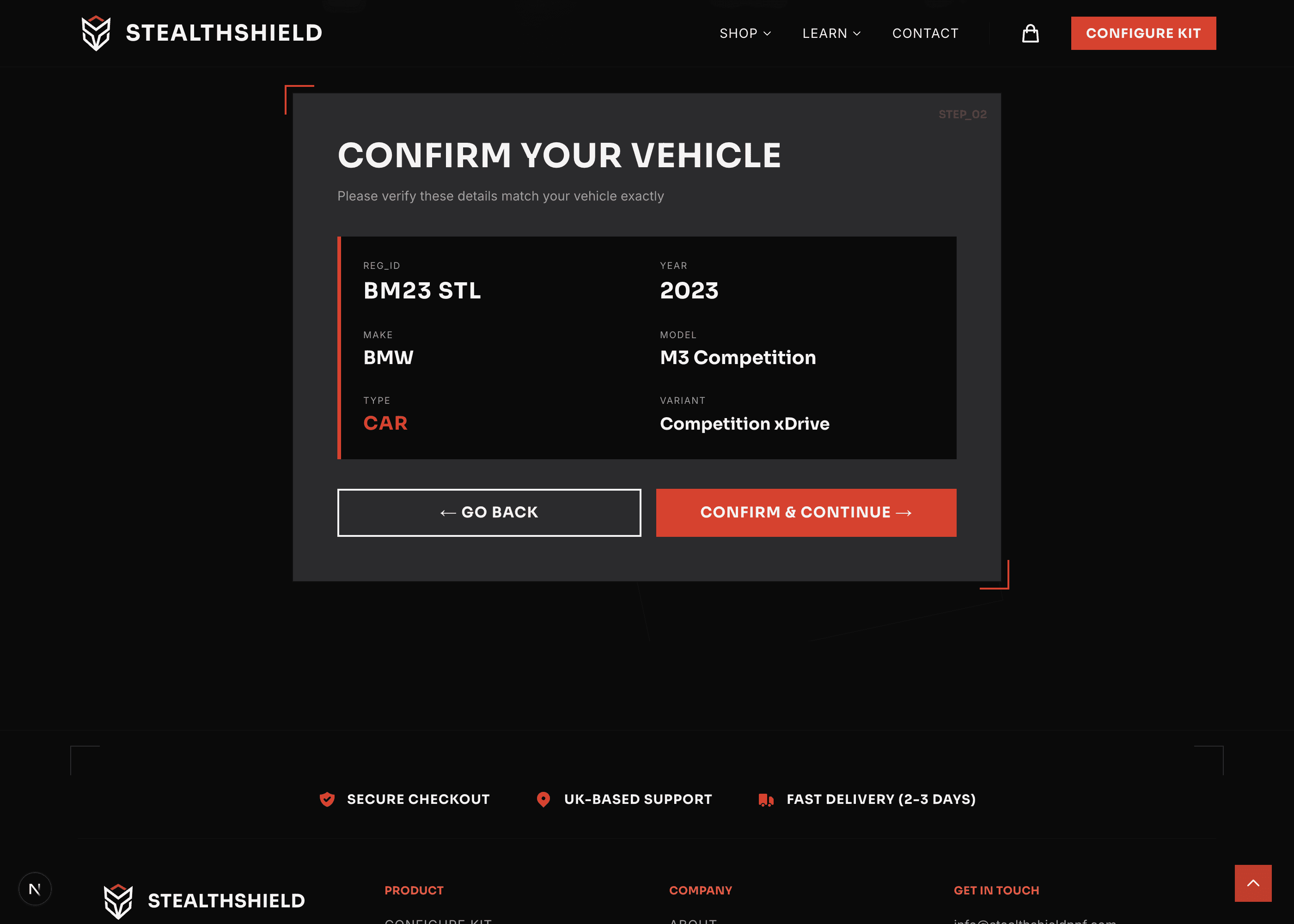 StealthShield's reg-plate configurator confirming a looked-up vehicle: BM23 STL, a 2023 BMW M3 Competition xDrive, with confirm-and-continue to coverage selection.
