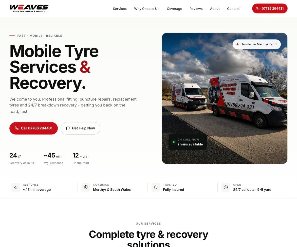 The Weaves mobile tyre & recovery website, designed and built by the studio